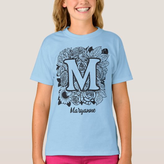 Black and White Floral Monogram Letter M T-shirt (Voorkant)