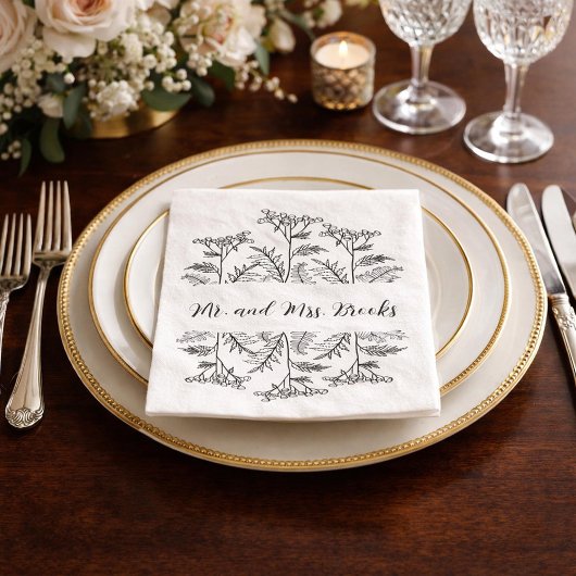 Black and White Floral Personalized Wedding Napkin Servet