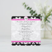 Black and White Floral Pink Trim Damask Wedding Kaart (Staand voorkant)