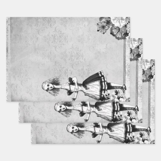 Black and White Floral Tall Alice in Wonderland Inpakpapier Vel (Set)