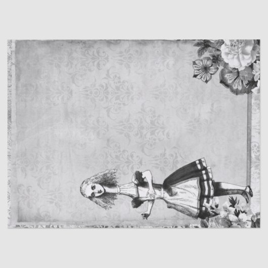 Black and White Floral Tall Alice in Wonderland Tissuepapier (Voorkant)