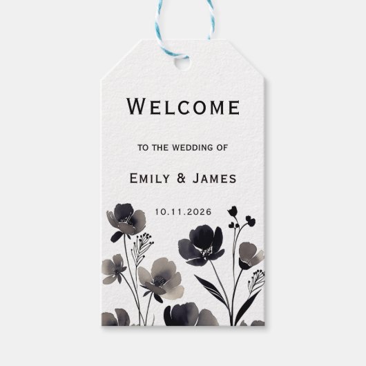 Black and White Floral Wedding Cadeaulabel (Voorkant)
