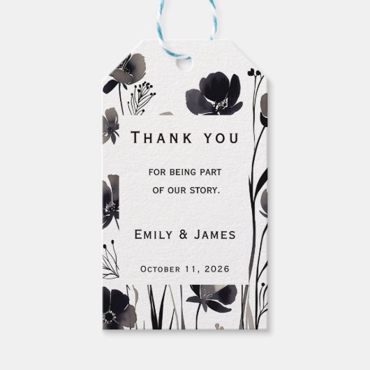 Black and White Floral Wedding Cadeaulabel (Voorkant)