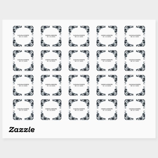 Black and White Floral Wedding Envelope Seal Vierkante Sticker (Vel)