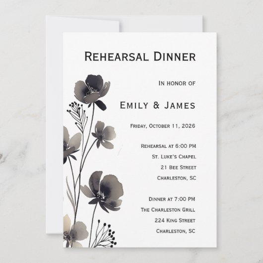Black and White Floral Wedding Kaart (Voorkant)
