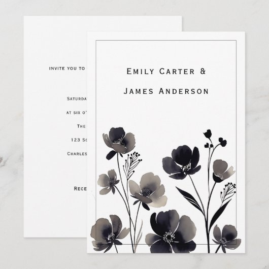 Black and White Floral Wedding Kaart (Voorkant / Achterkant)