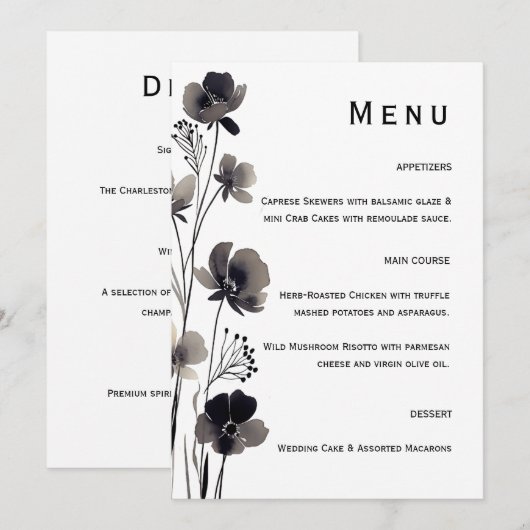 Black and White Floral Wedding Menu (Voorkant / Achterkant)