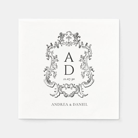 Black and White Floral Wedding Monogram  Servet (Voorkant)