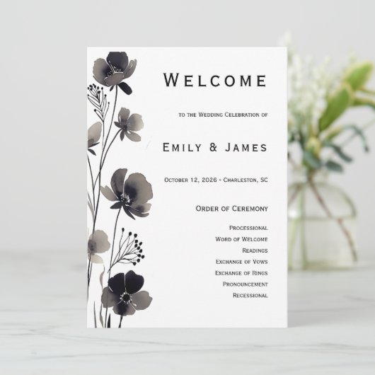 Black and White Floral Wedding Programmakaart (Staand voorkant)