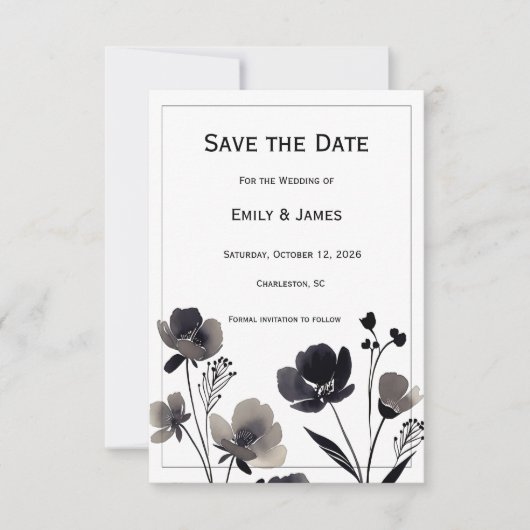 Black and White Floral Wedding Save The Date (Voorkant)