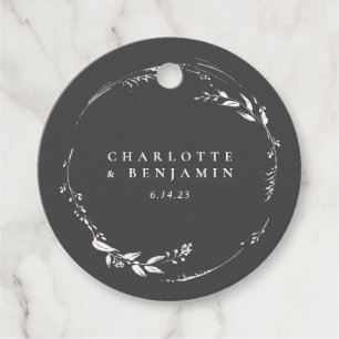 Black and White Floral Wreath Monogram Wedding Bedankjes Labels