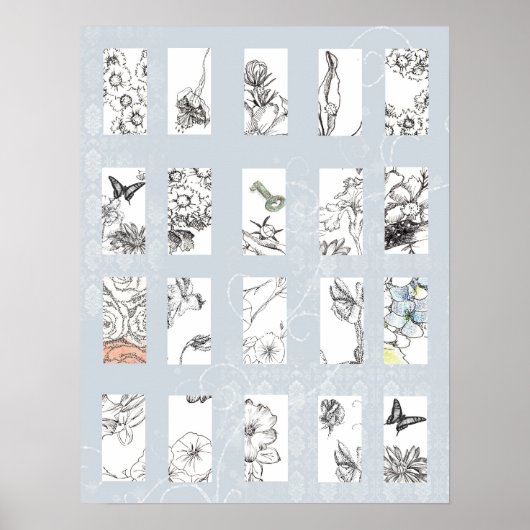 Black and White Flower Art Drawing Collage Gray Poster (Voorkant)