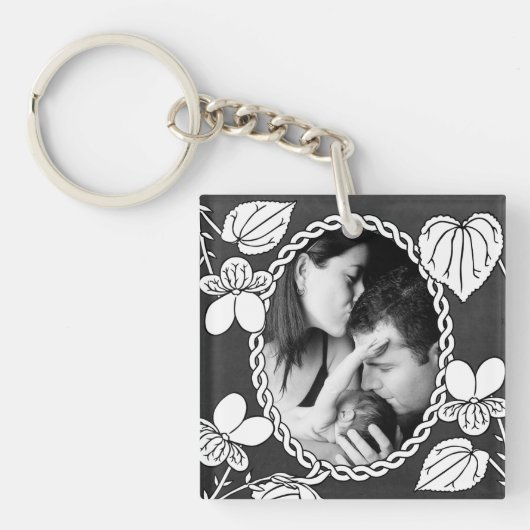 Black and White Flower Oval Custom Photo Sleutelhanger (voorkant)