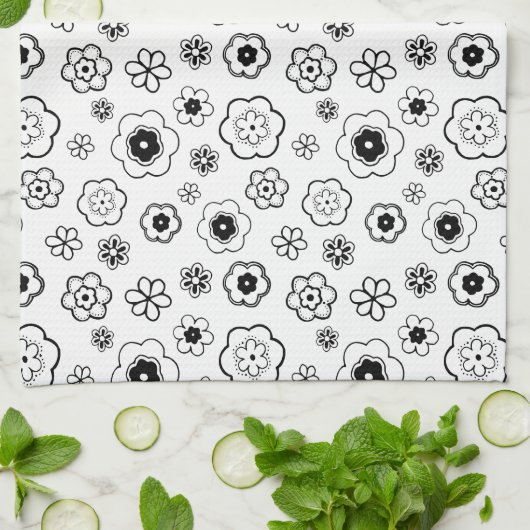 Black and White Flowers Kitchen Towel Theedoek (Gevouwen)