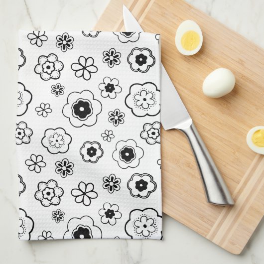 Black and White Flowers Kitchen Towel Theedoek (Quarter Fold)
