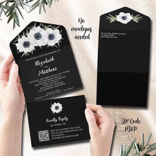 Black and White Flowers Wedding All In One Uitnodiging