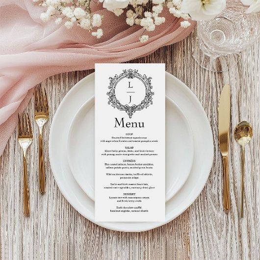black and white foliage Crest wedding Menu
