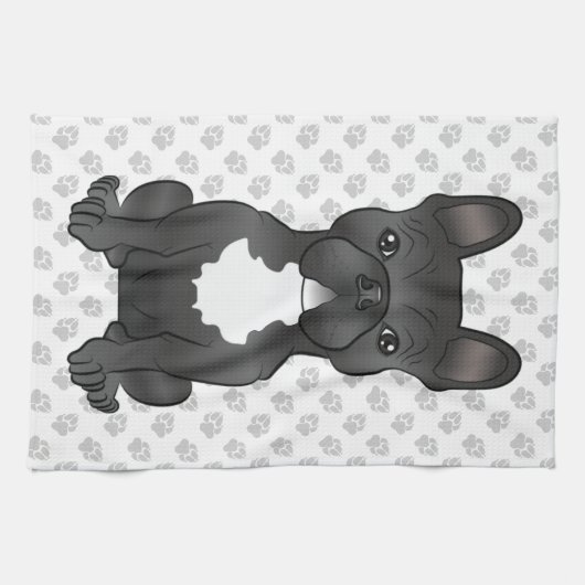 Black and White French Bulldog Cartoon Dog & Paws Theedoek (Horizontaal)