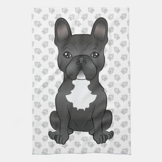 Black and White French Bulldog Cartoon Dog & Paws Theedoek (Verticaal)