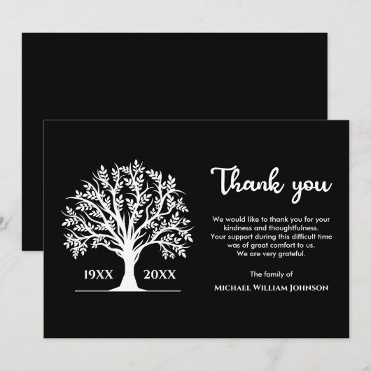 Black and White Funeral Memorial Tree of Life Bedankkaart (Voorkant / Achterkant)