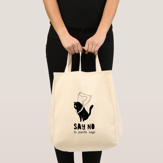 Black and White Funny “Say No to Plastic”  Tote Bag (Voorkant (product))