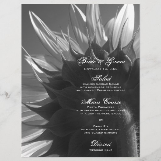 Black and White Garden Sunflower Wedding Menus (Voorkant)