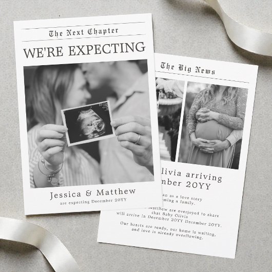 Black and White Gender Neutral Newspaper Pregnancy Aankondiging
