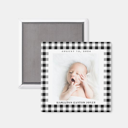 Black and White Gingham Check Baby Birthdate Magneet (Voorkant / Achterkant)