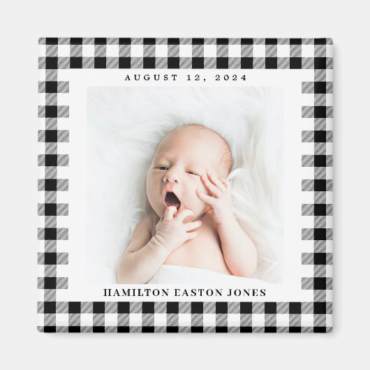 Black and White Gingham Check Baby Birthdate Magneet (Voorkant)