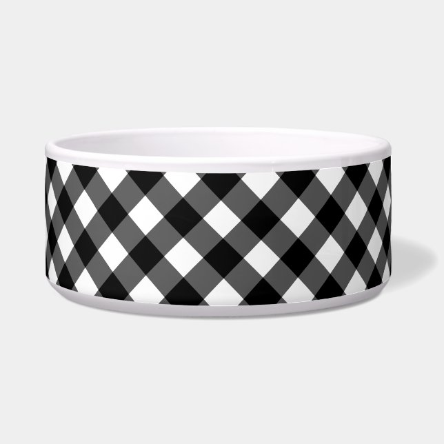 Black and White Gingham Check ceramic pet bowl  Voerbakje (Voorkant)