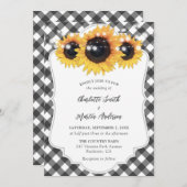 Black and White Gingham Rustic Sunflower Wedding Kaart (Voorkant / Achterkant)