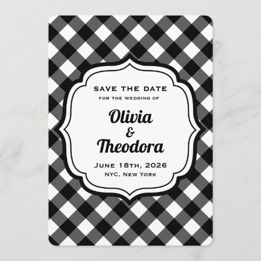 Black and White Gingham Save the Date Cards Kaart (Voorkant)