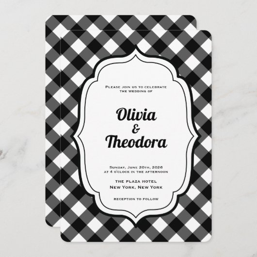 Black and White Gingham wedding invitation Kaart (Voorkant / Achterkant)