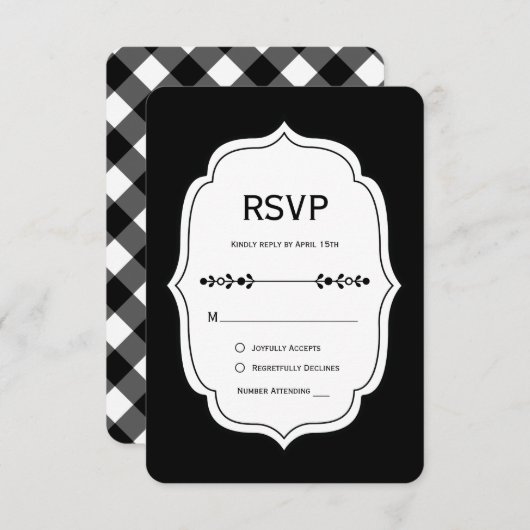 black and white gingham wedding RSVP Cards (Voorkant / Achterkant)