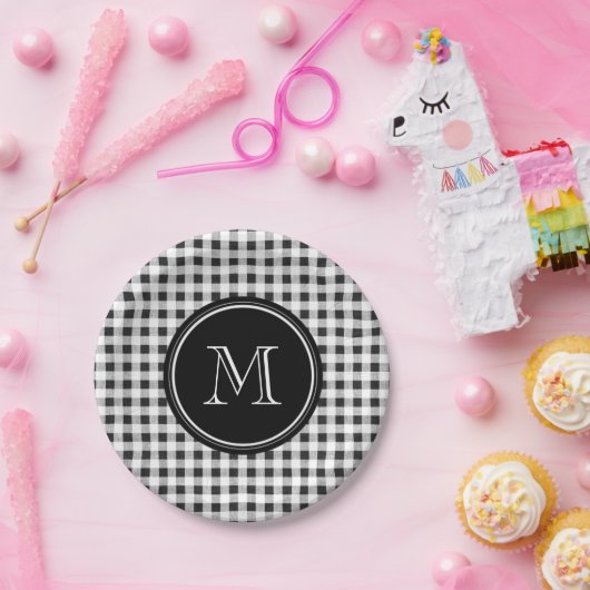Black and White Gingham, Your Monogram Papieren Bordje (Feest)