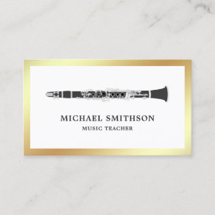 Black and White Gold Foil Clarinet Music Teacher Visitekaartje