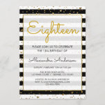 Black and White Gold Foil Hearts 18th Birthday Kaart<br><div class="desc">Black and White Metallic Gold Foil Hearts Confetti Striped 18th Birthday Party Invitation for a 18th verjaardagsfeest. Deze uitnodiging is ideaal voor een zwart-wit meisje dat 18 (achttien) verjaardag gaat vieren. Neem contact op met de ontwerper voor aangepaste overeenkomende objecten.</div>