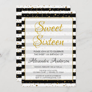 Black and White Gold Foil Hearts Sweet 16 Birthday Kaart