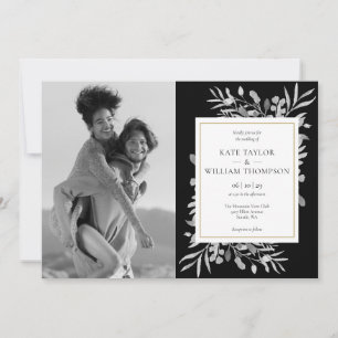 Black and White Gold Foliage Photos Wedding Invita Kaart