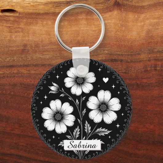 Black and White Goth Flowers Sleutelhanger (Achterkant)