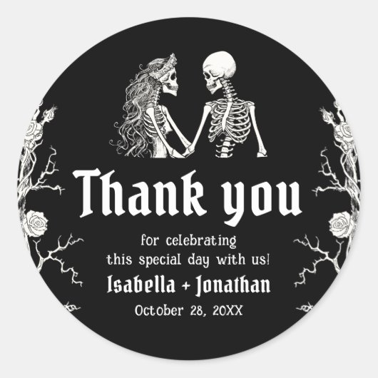 Black and White Gothic Halloween Skeleton Wedding Ronde Sticker (Voorkant)