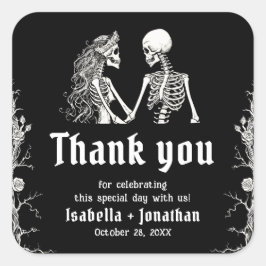 Black and White Gothic Halloween Skeleton Wedding Vierkante Sticker