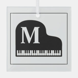 Black and White Grand Piano Monogram Pianist Glas Ornament