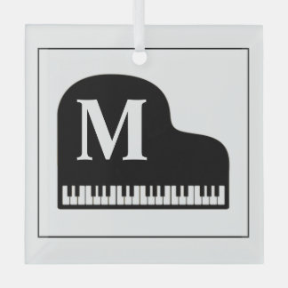 Black and White Grand Piano Monogram Pianist Glas Ornament