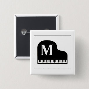 Black and White Grand Piano Monogram Pianist Vierkante Button 5,1 Cm
