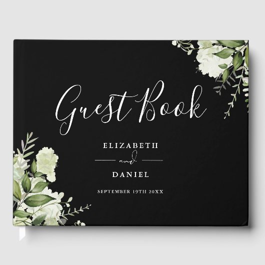 Black And White Greenery Floral Photo Wedding Gastenboek (Voorkant)