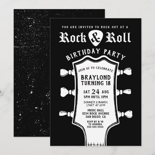 Black and White Guitar Birthday Invitation Kaart (Voorkant / Achterkant)
