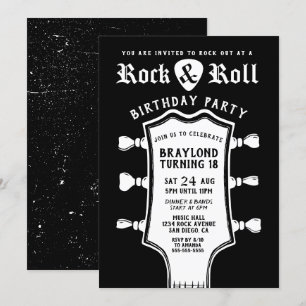 Black and White Guitar Birthday Invitation Kaart