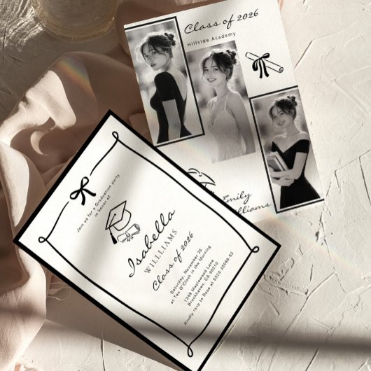 Black and White Hand Drawn Bow graduation Kaart