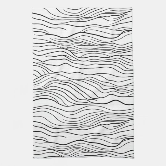 Black and White Hand-Drawn Wavy Line Pattern Theedoek (Verticaal)